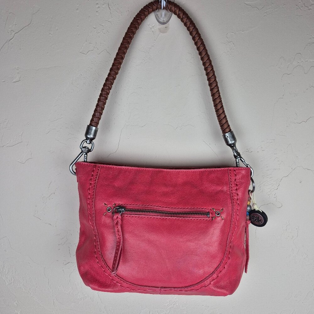 Vintage The Sak Red Leather Distressed Shoulder Bag Brown Braided Strap